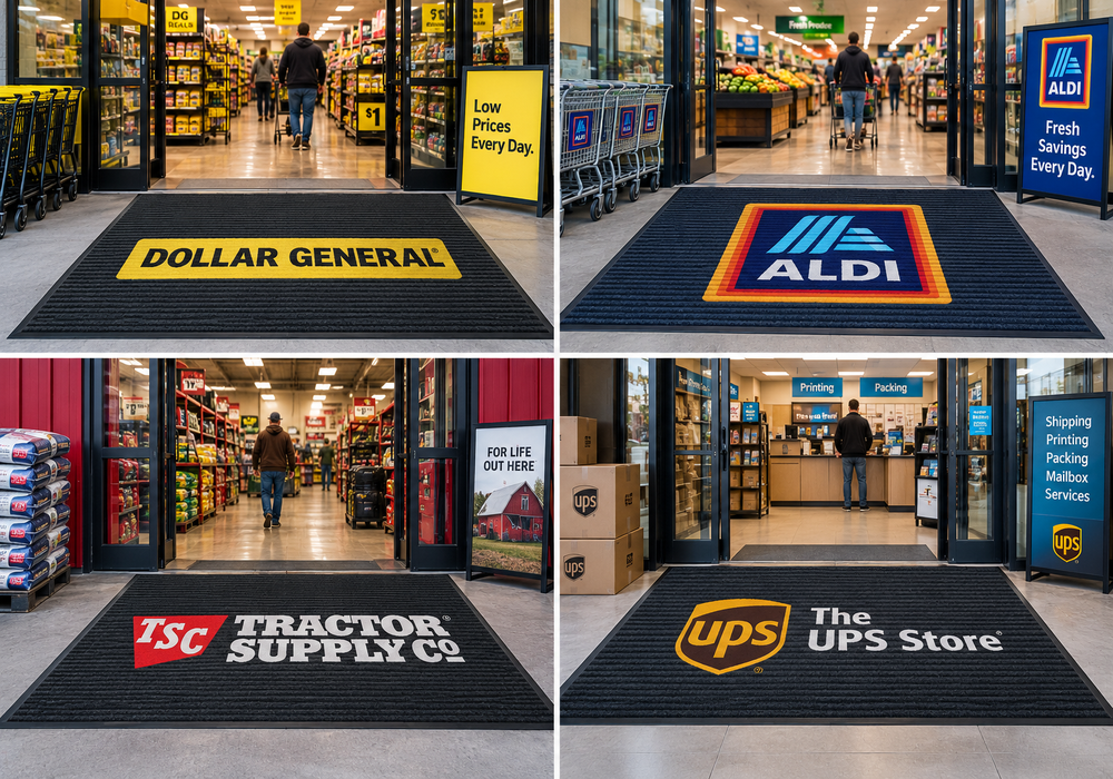 Custom branded retail store entrance logo mat with high foot-traffic wear resistance and anti-slip rubber backing Custom branded retail store entrance logo mat with high foot-traffic wear resistance and anti-slip rubber backing