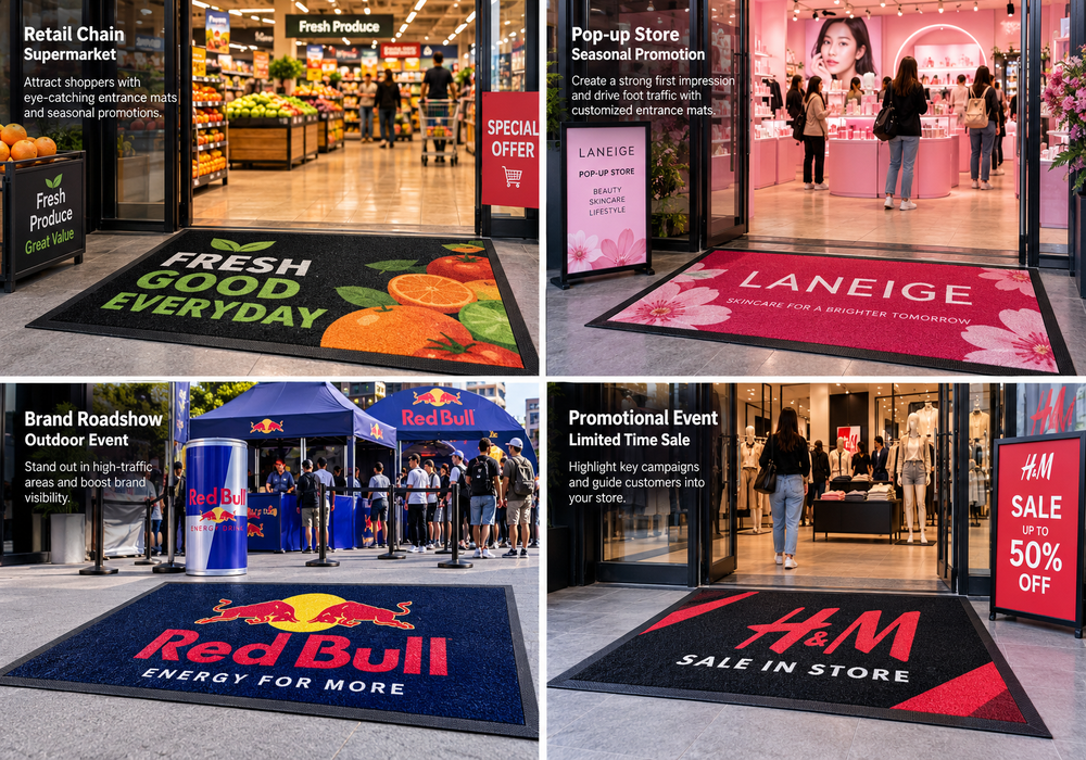 Custom branded retail store entrance logo mat with high foot-traffic wear resistance and anti-slip rubber backing Custom branded retail store entrance logo mat with high foot-traffic wear resistance and anti-slip rubber backing