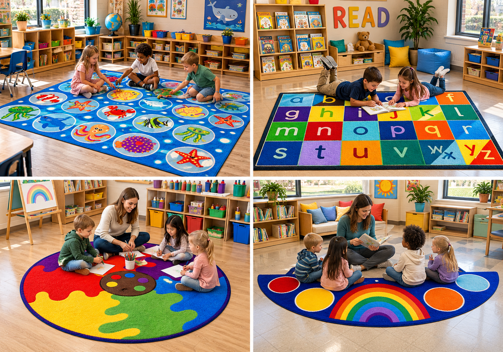 Eco-friendly non-toxic 350g plush-cut nylon custom logo mat with anti-slip TPR backing for daycare classrooms by PATIA